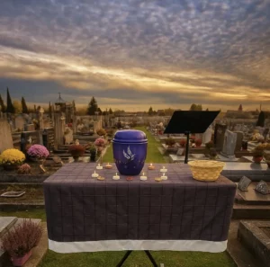 Urne funéraire bleue sur table avec bougies dans un cimetière.