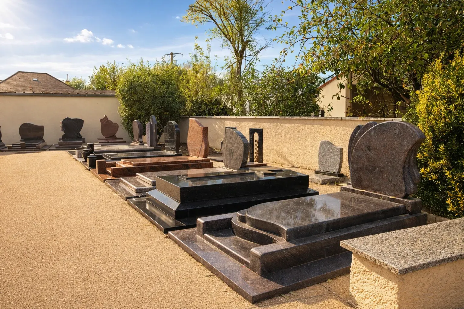 Exposition extérieure de monuments funéraires en granite pour cimetière.