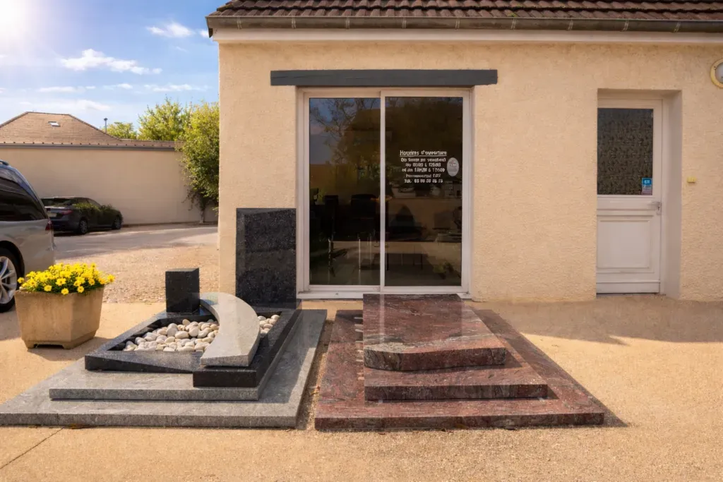 Monuments funéraires en granite exposés devant l'entrée de l'agence.