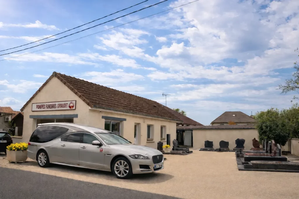 Agence de pompes funèbres Giraudet avec corbillard gris stationné.