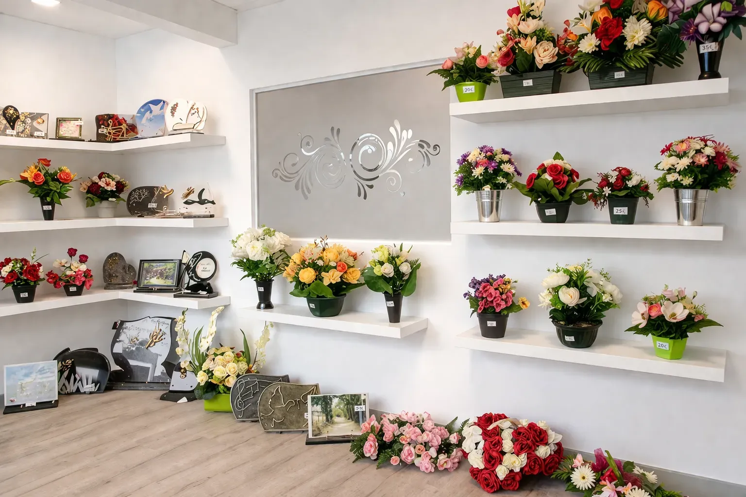 Magasin d'articles funéraires avec fleurs artificielles en pot et plaques commémoratives.