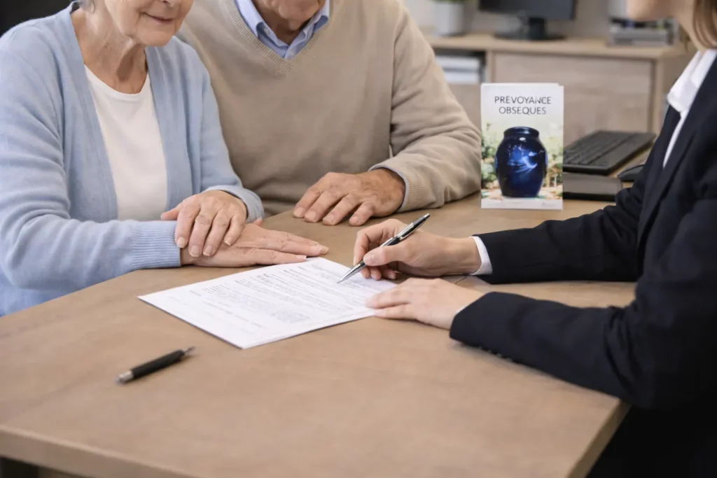 Conseiller funéraire faisant signer un contrat de prévoyance obsèques à un couple de seniors.